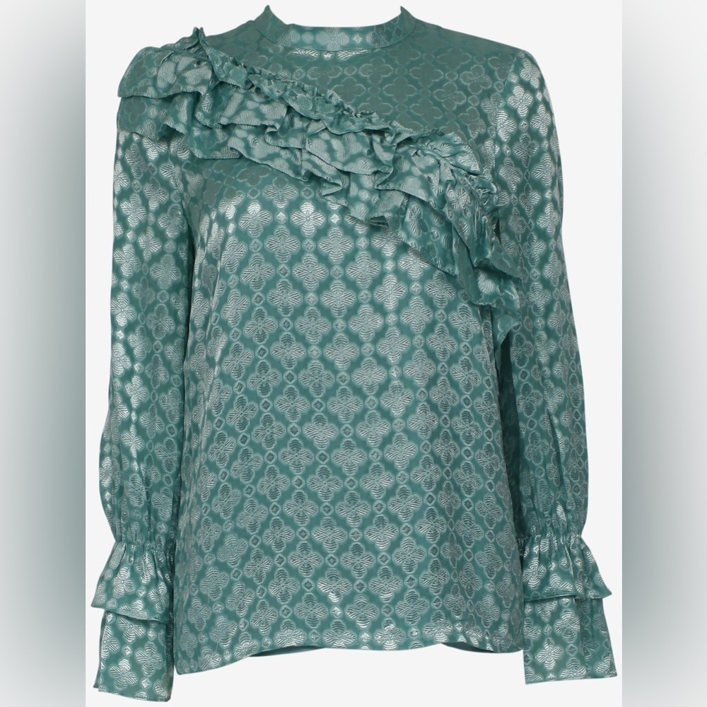 Silk Baum Und Pferdgarten teal green Ruffled Sleeve Blouse NWT